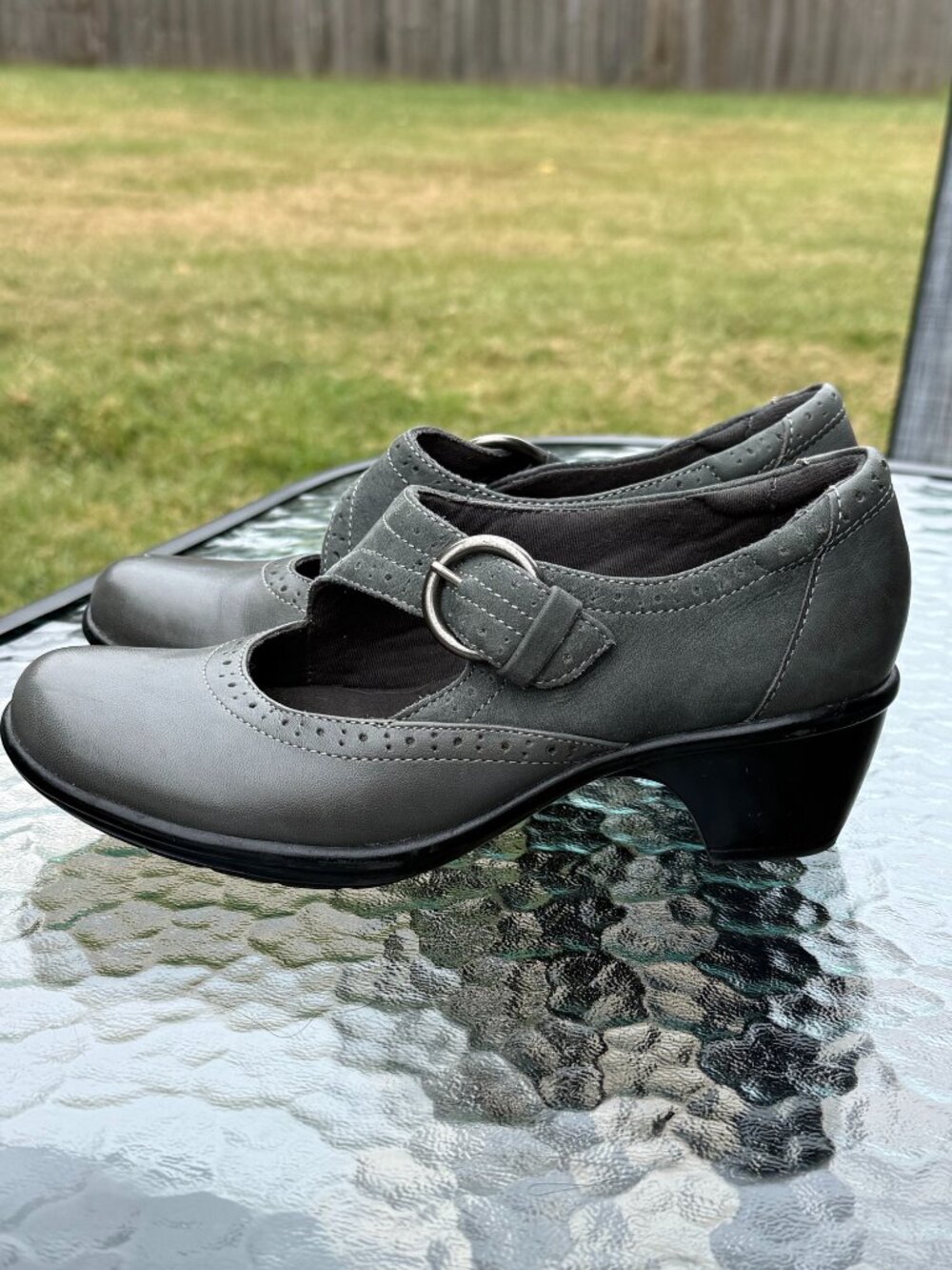Clarks Bendables 39346 Gray Leather Mary Jane Heels 5.5M Dark Academia 4313
